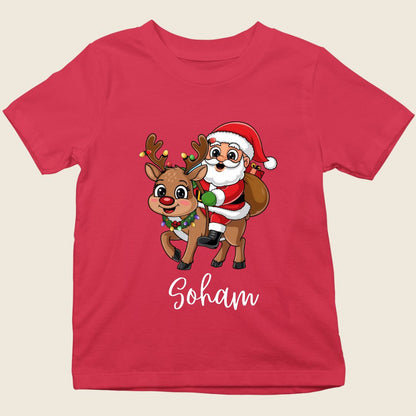 Santa Claus with reindeer kids Christmas tee